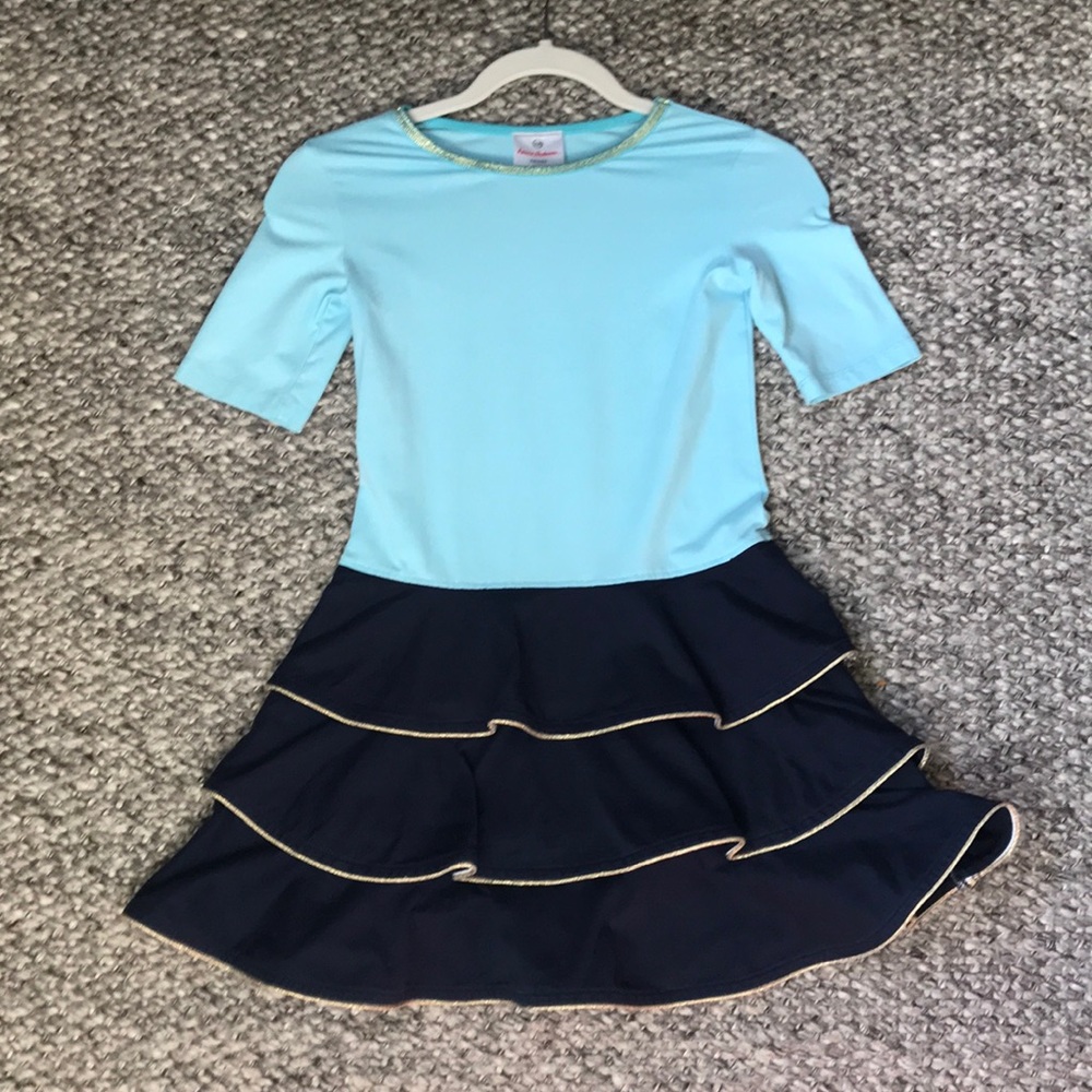 Blue holiday dress with gold trim!